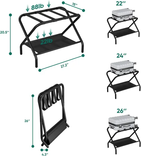 Miniatura 6 de Smuxee Portaequipajes Negro Paquete de 2, Soporte Plegable para Maletas con Estante de Almacenamiento de Tela, Portamaletas con 4 Correas de Nailon