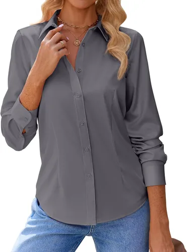 Miniatura 8 de siliteelon Camisas con botones para mujer, con protección contra manchas, de manga larga, sin arrugas, blusas de oficina