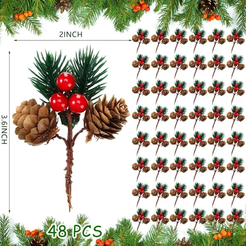 Miniatura 2 de 48 piezas de púas y aerosoles de Navidad, púas florales de árbol de Navidad, púas de acebo, tallos de bayas rojas, spray de vegetación para Bonito