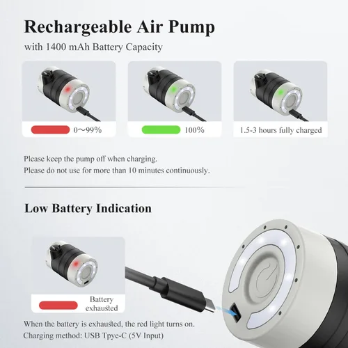 Miniatura 6 de Air Pump for Inflatables, Electric Air Pump with 1400 mAh Rechargeable Battery, Tiny and Portable Air Pump with Camping Light, Quick Inflate Deflate