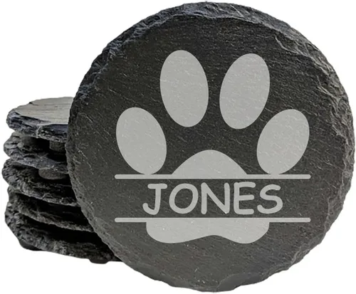 Miniatura 10 de Engraved Dog Cat Paw Coasters Set of 4 – Dog Cat Silhouette Paw Print Design – 4 Inch Round Slate – Pet Lover Home Decor – Handmade in Oregon USA
