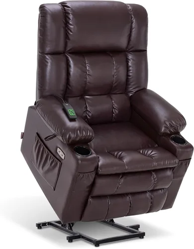 Miniatura 31 de MCombo Silla reclinable eléctrica de motor dual para adultos mayores, silla de elevación plana con calor y masaje, portavasos, puertos USB, piel