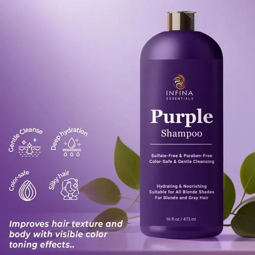 Miniatura 5 de INFINA ESSENTIALS Champú morado para cabello rubio, gris, cobrizo y teñido sin sulfatos, enriquecido con té verde y manzanilla y aceite de aguacate