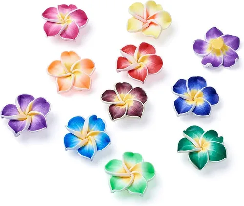 Craftdady 100 cuentas de arcilla polimérica de plumeria de 1.181 x 0.433 in, cuentas espaciadoras florales sueltas mezcladas al azar con 5 pétalos,