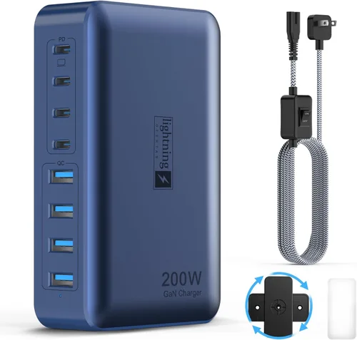 Miniatura 14 de Bloque de carga rápida USB C de 200 W, estación de carga de 8 puertos para iPhone/iPad/MacBook, caja de cargador 4C4A GaN, cargadores múltiples