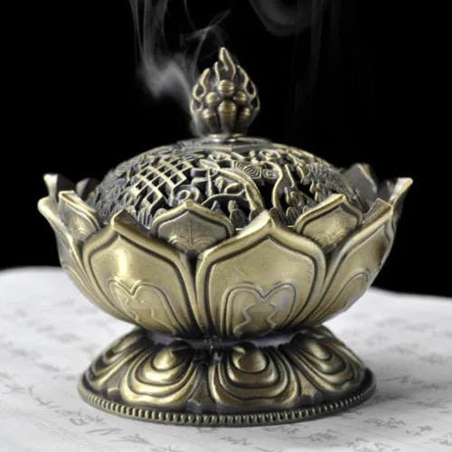 Lotus - Quemador de incienso vintage tibetano de bronce tibetano, soporte para cono de reflujo de Buda, cuenco de carbón con tapa, soporte de