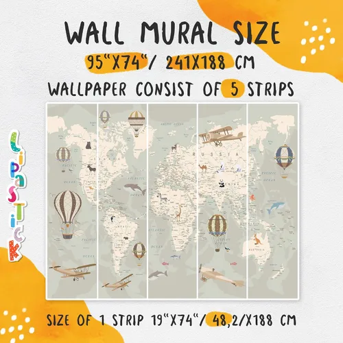 Miniatura 4 de Papel tapiz de mapa del mundo para niños con animales, calcomanías educativas para despegar y pegar, murales de guardería para bebés, niños