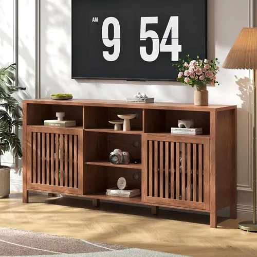 BVIUNTWO - Soporte de TV Farmhouse marrón con puertas con rejilla, 5 compartimentos de almacenamiento abiertos, consola multimedia de 65" con