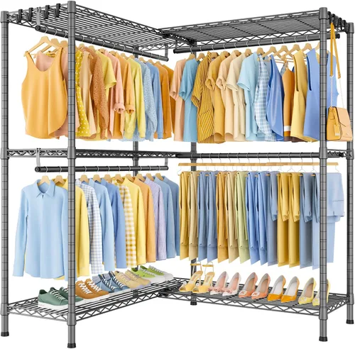 Miniatura 18 de ULIFHOME E15 - Perchero en forma de L para esquina, perchero independiente para colgar ropa, organizador de armario resistente con 4 varillas