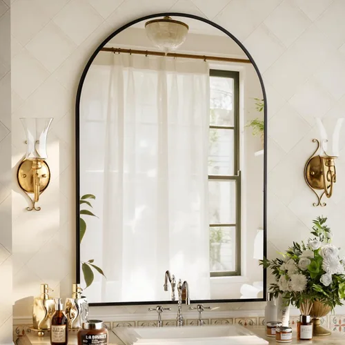 Miniatura 16 de XRAMFY Espejo de Pared Arqueado de 26" x 38" para Baño, Espejo de Tocador Dorado para Dormitorio, Sala de Estar, Entrada, Espejo Colgante Decorativo