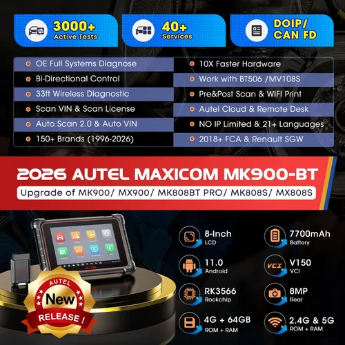 Miniatura 2 de Autel Escáner MaxiCOM MK900BT: 2026 8in MK900-BT V2.0 Herramienta de escaneo bidireccional, 33 pies BT Ver. de MK900 MX900 MK808S MK808BT PRO MX808S