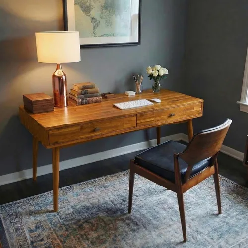 Miniatura 5 de Acacia Lagom - Escritorio de trabajo de madera maciza de 48 pulgadas con cajones, muebles de oficina, mesa de trabajo de estilo escandinavo