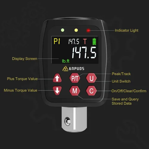 Miniatura 2 de ANPUDS Adaptador de torque digital de 1/2", 7.4-147.5 pies-libra/10-200 Nm, convertidor de llave dinamométrica digital con precisión de ±1%, valor