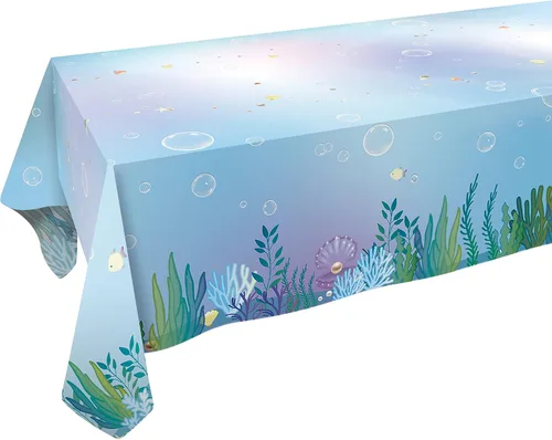 Mantel de tela bajo el mar de 9 x 5 pies, funda de mesa de sirena para decoración de fiesta de cumpleaños bajo el mar, decoración de fiesta de