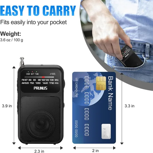 Miniatura 3 de PRUNUS J-555 - Radio de Bolsillo AM FM con Carga USB-C y Batería, Excelente Recepción y Altavoz Claro con Conector para Auriculares, Clip Posterior