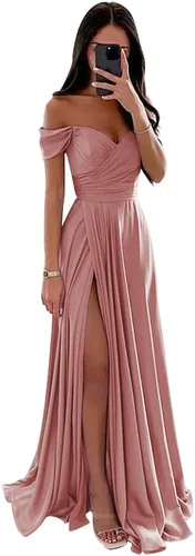 PEIYJYUSP Vestidos de dama de honor de satén con hombros descubiertos para boda, largo, fruncido, acampanado, vestido de graduación formal con