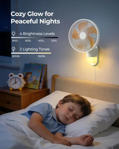 Miniatura 3 de Airbition Ventilador pequeño de montaje en pared de 10 pulgadas con luz y control remoto, oscilación de 90°, 4 velocidades, temporizador, inclinado