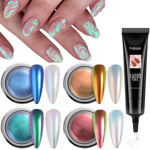 Fcozpjk Polvo de uñas cromado, 4 colores, efecto espejo, camaleón, cromado, polvo de uñas con gel de escultura 3D, polvo de uñas Aurora transparente
