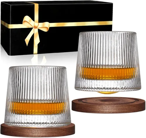 Miniatura 10 de Juego de 2 vasos de whisky giratorios, vasos de cristal con 2 posavasos creativos de nogal y caja de regalo, para escocés, bourbon, cócteles