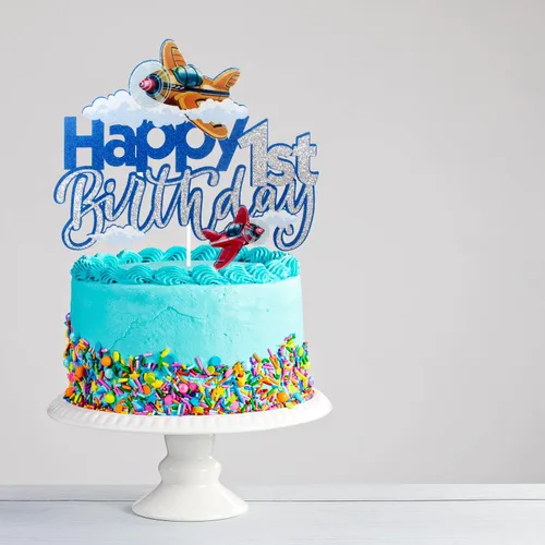 Miniatura 2 de Decoración azul para pastel de 1er cumpleaños con diseño de avión y vuelas, decoración de fiesta de baby shower azul con purpurina - Decoración