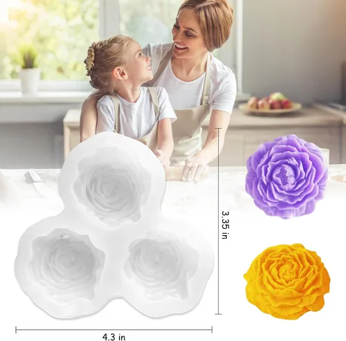 Miniatura 2 de Molde de vela de peonía de 3 cavidades, molde de silicona para fondant de peonía para resina epoxi floral, cera, jabón, arcilla, yeso, velas