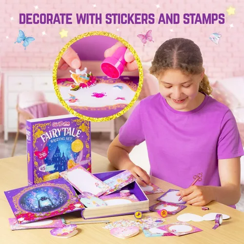 Miniatura 3 de GirlZone Princess Stationery Set - Juego de 45 piezas para escribir letras de cuento de hadas, papel multicolor con letras de hadas y sobres, sellos
