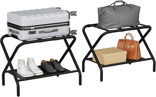 Miniatura 9 de Smuxee Portaequipajes Negro Paquete de 2, Soporte Plegable para Maletas con Estante de Almacenamiento de Tela, Portamaletas con 4 Correas de Nailon
