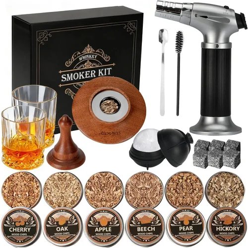 Kit ahumador para whisky con antorcha - 6 sabores de astillas de madera, 2 vasos, 6 piedras para whisky, kit infusor para ahumar cócteles, kit