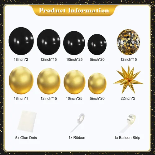 Miniatura 4 de Kit de Arco de Guirnalda de Globos Negros y Dorados, 140 Piezas de Globos de Confeti Negros y Dorados con Estrellas para Cumpleaños, Graduación, Año