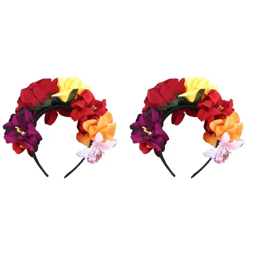 FRCOLOR 2 diademas de rosas mexicanas, coronas de flores, disfraz floral, velos de boda, corona de novia, accesorios para el cabello para mujeres,