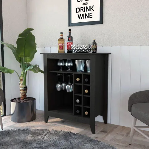 Armario de bar de vino con 8 cubos de vino y portavasos, gabinete de madera para vino para licor y vasos, aparador retro con estantes abiertos para