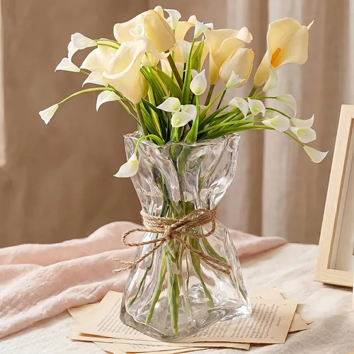 Covzoe Jarrón de cristal, florero de forma irregular de 8.7 pulgadas de alto con cuerda de cáñamo, jarrones decorativos de arte transparente para