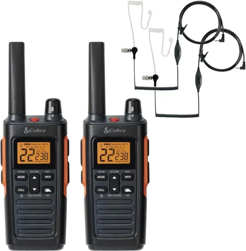 Cobra RX680 Paquete de 2 Walkie Talkies y Auriculares de Vigilancia Compatibles Cobra GA-SV01 2P: Radios Bidireccionales Rugosas y Resistente a