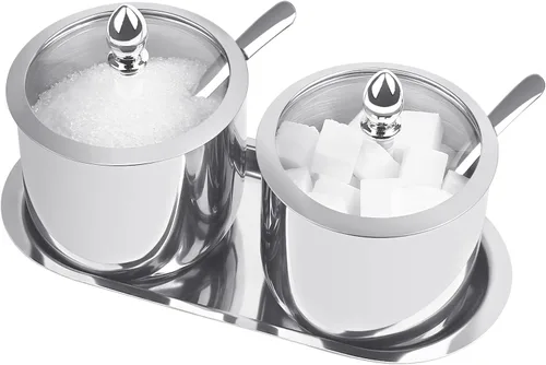 Azucarero de acero inoxidable con tapa cuchara y bandeja, cuenco de azúcar brillante pulido, para servir azúcar, adecuado para el hogar y la cocina,