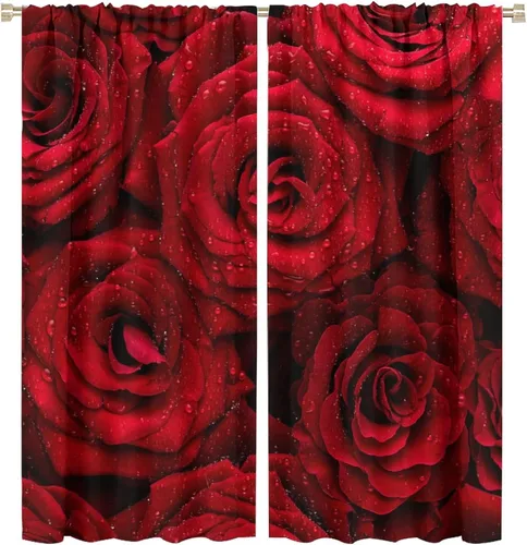 Miniatura 35 de Cortinas opacas con diseño floral de rosas para cocina, retro, rústicas, románticas, con bolsillo para barra, cortinas opacas para dormitorio, sala