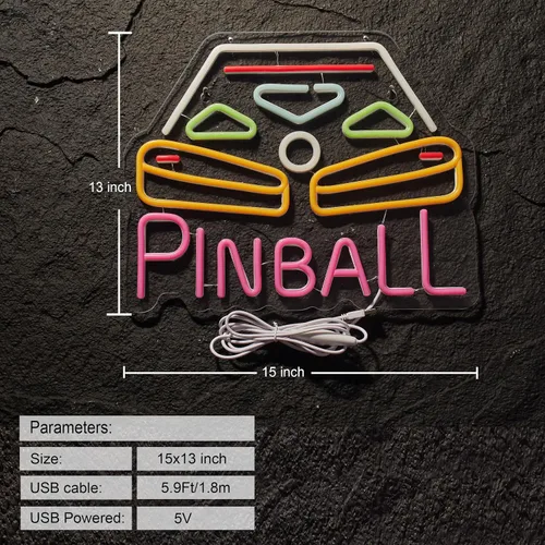 Miniatura 3 de Roouneon Pinball - Letrero de neón para decoración de pared con interruptor regulable, luz LED de neón