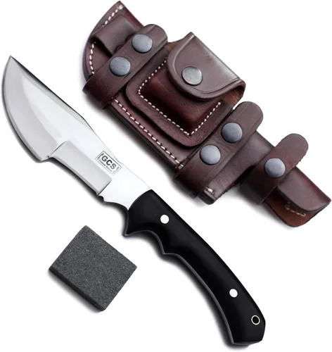 Miniatura 11 de GCS - Cuchillo de caza de acero D2 hecho a mano G10, mango fijo, cuchillo de hoja fija, mano derecha, funda de cuero de búfalo y piedra de afilar
