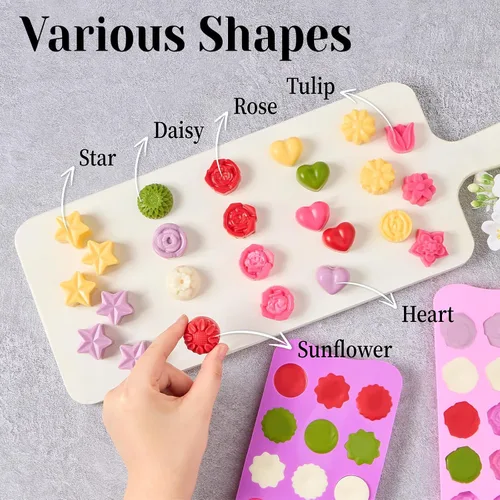 Miniatura 6 de 6 piezas de moldes de silicona para chocolate con forma de flor, juego de moldes de 15 cavidades con forma de rosa, corazón, estrella, moldes