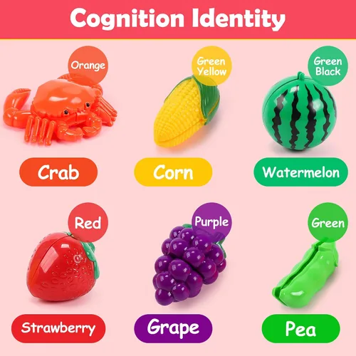 Miniatura 8 de HOLYFUN Juego de juguetes de comida para niños, cesta de la compra con accesorios de corte de frutas y verduras, olla y sartén, platos de plástico