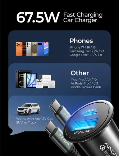 Miniatura 5 de AINOPE Cargador de coche de 67.5 W USB C de carga rápida, PD 45 W USB C cargador de coche carga rápida 【Mini y metal】 Adaptador de encendedor