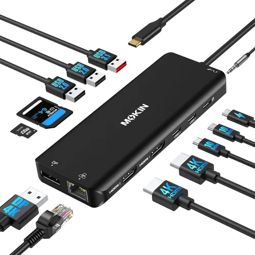 Miniatura 13 de Estación de acoplamiento, adaptador USB C, adaptador multipuerto de pantalla triple 9 en 1 con 2 HDMI 4K, DisplayPort, 3 USB, 100 W PD, lector