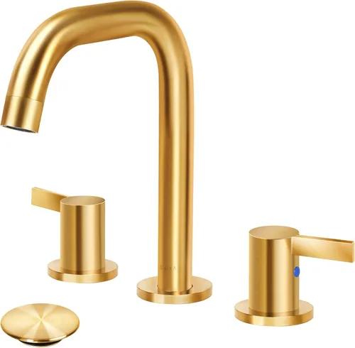 Miniatura 24 de SOKA Grifo de baño central de dos asas para fregadero de acero inoxidable de arco alto con placa de cubierta y montaje de drenaje desplegable