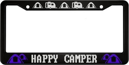 oFloral Happy Camper - Marco de matrícula de aleación de aluminio, color blanco, autocaravana, autobús, tienda de campaña azul, aplicable al marco
