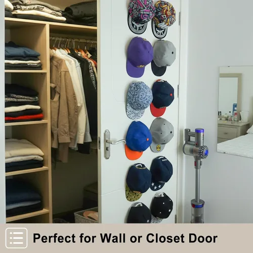 Miniatura 6 de Ganchos adhesivos para sombreros de pared (paquete de 12), colgador de sombreros sin perforaciones para organizador de gorras de béisbol de pared