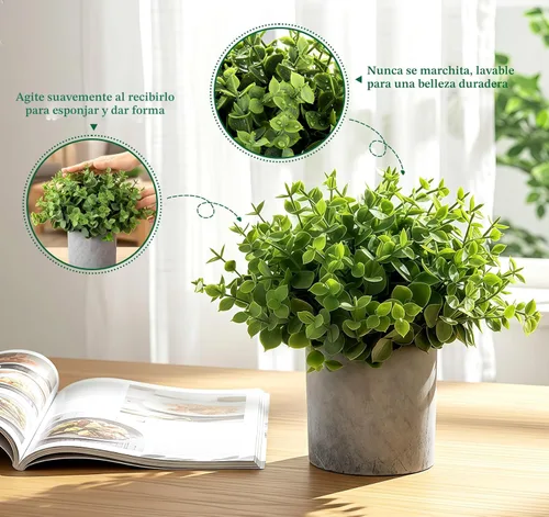 Miniatura 4 de Lemonfilter Pequeñas plantas falsas, paquete de 5 mini plantas artificiales de eucalipto en maceta, plantas artificiales de plástico para estantes 2
