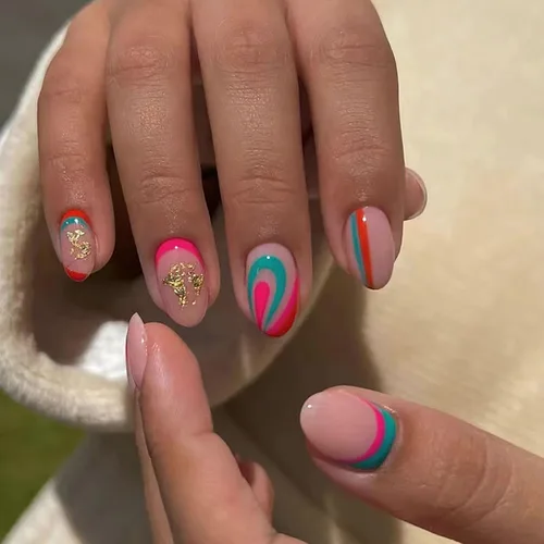 Uñas postizas cortas a presión con diseño de almendra SWEKKE de verano, uñas postizas de color rosa de cobertura completa con diseños de remolinos