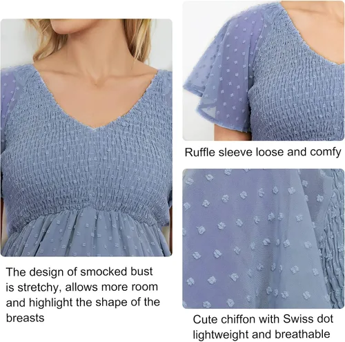 Miniatura 5 de Vestido de maternidad fruncido de lunares suizos para baby shower, sesión de fotos, casual, cuello en V, manga con volantes, cintura imperio