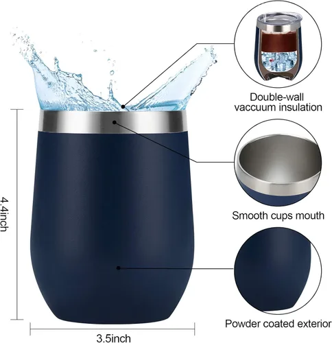 Miniatura 6 de 12 unidades de vasos de vino de acero inoxidable, 12 onzas, vasos de vino aislados de doble pared con tapas y popotes, vasos de vino de acero Azul