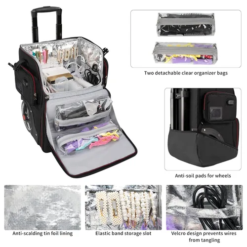 Miniatura 2 de Estuche de maquillaje grande con una bolsa de viaje grande para estilista, bolsa de peluquería con bolsa desmontable, aislamiento térmico y capa
