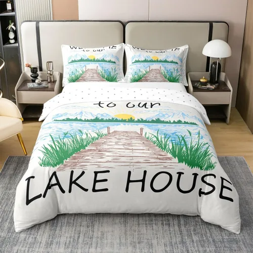 Lake House - Funda de edredón 100 % algodón, tamaño individual, diseño de paisaje de lago y montaña, dibujado a mano, decoración de habitación de